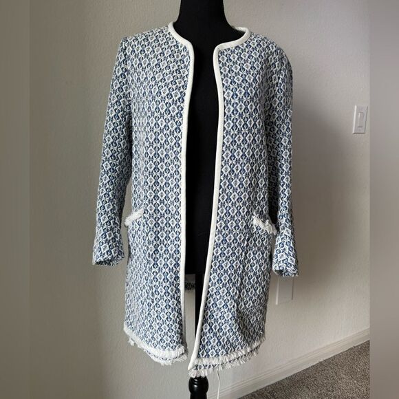 ZARA Basic BlueWhite Tweed Open Front Jacket Women’s XL Tribal Woven Fringe Coat - Picture 5 of 10